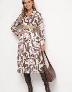 rosa Rochie Bej-Maro Petrecută cu Imprimeu Abstract cu Elastic în Talie și Curea Zinnitaria