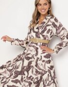 rosa Rochie Bej-Maro Petrecută cu Imprimeu Abstract cu Elastic în Talie și Curea Zinnitaria