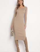 rosa Rochie Bej Mulată din tricot reiat Jozeli