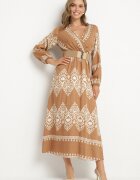 rosa Rochie Bej Petrecută din Viscoză cu Model Oriental cu Cordon și Elastic în Talie Sagizia