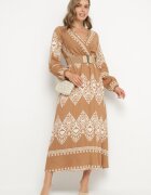 rosa Rochie Bej Petrecută din Viscoză cu Model Oriental cu Cordon și Elastic în Talie Sagizia