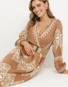 rosa Rochie Bej Petrecută din Viscoză cu Model Oriental cu Cordon și Elastic în Talie Sagizia