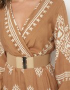 rosa Rochie Bej Petrecută din Viscoză cu Model Oriental cu Cordon și Elastic în Talie Sagizia