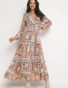 rosa Rochie Bej-Roz cu Decolteu Petrecut cu Imprimeu Patchwork Betey