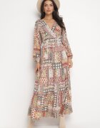 rosa Rochie Bej-Roz cu Decolteu Petrecut cu Imprimeu Patchwork Betey