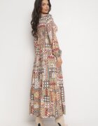 rosa Rochie Bej-Roz cu Decolteu Petrecut cu Imprimeu Patchwork Betey