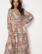 rosa Rochie Bej-Roz cu Decolteu Petrecut cu Imprimeu Patchwork Betey