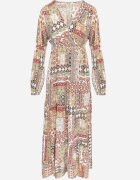 rosa Rochie Bej-Roz cu Decolteu Petrecut cu Imprimeu Patchwork Betey