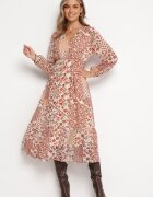 rosa Rochie Bej-Roz Evazată Midi cu Volan Caprina