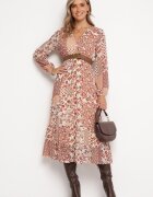 rosa Rochie Bej-Roz Evazată Midi cu Volan Caprina
