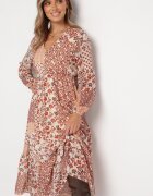 rosa Rochie Bej-Roz Evazată Midi cu Volan Caprina