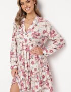 rosa Rochie Bej-Roz Mini cu Flori cu Tiv Evazat și Volănat Darae