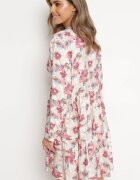 rosa Rochie Bej-Roz Mini cu Flori cu Tiv Evazat și Volănat Darae