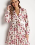 rosa Rochie Bej-Roz Mini cu Flori cu Tiv Evazat și Volănat Darae