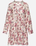 rosa Rochie Bej-Roz Mini cu Flori cu Tiv Evazat și Volănat Darae