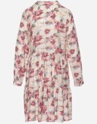 rosa Rochie Bej-Roz Mini cu Flori cu Tiv Evazat și Volănat Darae