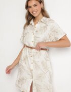 rosa Rochie Bej Stil Cămașă din Bumbac cu Frunze cu Curea Eveledia