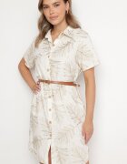 rosa Rochie Bej Stil Cămașă din Bumbac cu Frunze cu Curea Eveledia