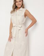rosa Rochie bej tip cămașă din bumbac decorată cu curea Kolireia