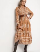 rosa Rochie Bej Tip plic Cloș din Viscoză cu Model Etnic cu Cordon Mirizia