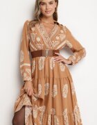 rosa Rochie Bej Tip plic Cloș din Viscoză cu Model Etnic cu Cordon Mirizia