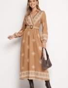 rosa Rochie bej tip plic cu viscoză cu centură și elastic în talie cu model etnic Zindoria