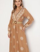 rosa Rochie bej tip plic cu viscoză cu centură și elastic în talie cu model etnic Zindoria
