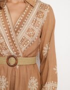 rosa Rochie bej tip plic cu viscoză cu centură și elastic în talie cu model etnic Zindoria