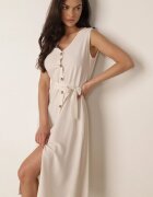 rosa Rochie Bej Trapez cu Cordon Legat Brystia