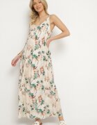 rosa Rochie Bej-Verde Florală cu bretele din viscoză croi evazat Jenarienna