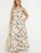 rosa Rochie Bej-Verde Florală cu bretele din viscoză croi evazat Jenarienna