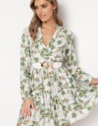 rosa Rochie Bej-Verde Mini cu imprimeu floral cu tiv evazat și volane Darae