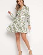 rosa Rochie Bej-Verde Mini cu imprimeu floral cu tiv evazat și volane Darae