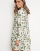 rosa Rochie Bej-Verde Mini cu imprimeu floral cu tiv evazat și volane Darae