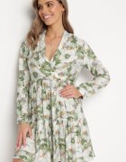 rosa Rochie Bej-Verde Mini cu imprimeu floral cu tiv evazat și volane Darae