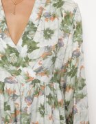 rosa Rochie Bej-Verde Mini cu imprimeu floral cu tiv evazat și volane Darae