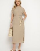 rosa Rochie bejă croi drept decorată cu cordon Napelira