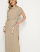 rosa Rochie bejă croi drept decorată cu cordon Napelira