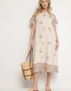 rosa Rochie bejă tip cutie din vâscoză cu croială tip cămașă decorată cu broderie Sanori