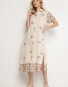 rosa Rochie bejă tip cutie din vâscoză cu croială tip cămașă decorată cu broderie Sanori