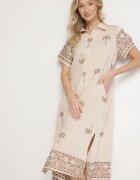 rosa Rochie bejă tip cutie din vâscoză cu croială tip cămașă decorată cu broderie Sanori