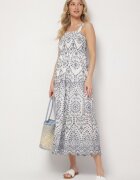 rosa Rochie bleumarin-albă din bumbac decorată cu broderie Sadonique