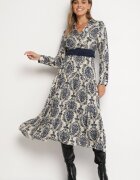 rosa Rochie Bleumarin-Bej din Vâscoză Tip petrecut Stil Boho cu Curea din material cu Cataramă Rinovia