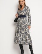 rosa Rochie Bleumarin-Bej din Vâscoză Tip petrecut Stil Boho cu Curea din material cu Cataramă Rinovia