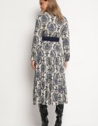 rosa Rochie Bleumarin-Bej din Vâscoză Tip petrecut Stil Boho cu Curea din material cu Cataramă Rinovia