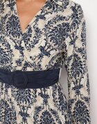 rosa Rochie Bleumarin-Bej din Vâscoză Tip petrecut Stil Boho cu Curea din material cu Cataramă Rinovia