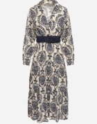 rosa Rochie Bleumarin-Bej din Vâscoză Tip petrecut Stil Boho cu Curea din material cu Cataramă Rinovia