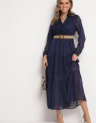 rosa Rochie Bleumarin cu Decolteu Plic și Curea Împletită Dirmi