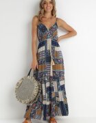 rosa Rochie Bleumarin Petrecută din Vâscoză cu Imprimeu Patchwork Hickey