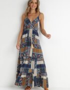 rosa Rochie Bleumarin Petrecută din Vâscoză cu Imprimeu Patchwork Hickey